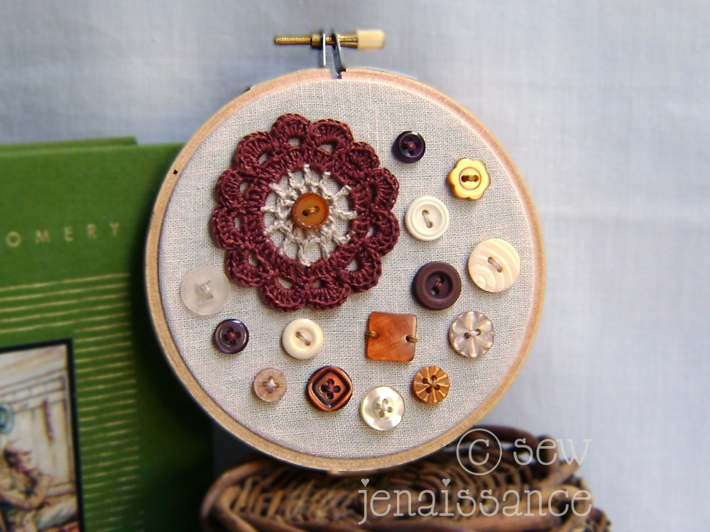 Crochet Linen Chocolate Flower Button Mixed Media Hoop Art 4 Inch