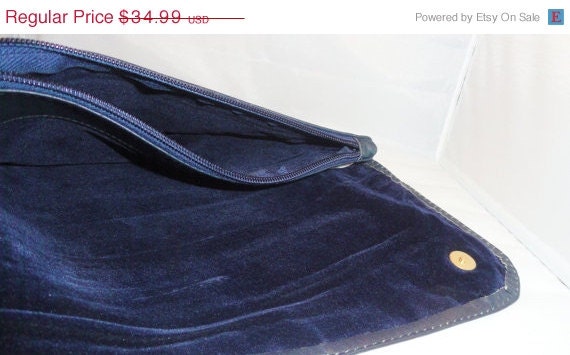 SALE Vintage Purse 80s Navy Blue Leather Clutch Velvet Lining Magnetic Snap Close