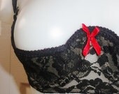 SALE Vintage Bra RARE Half Cup Burlesque Dancer Black Lace Firm Lift Adjustable Straps Size 32