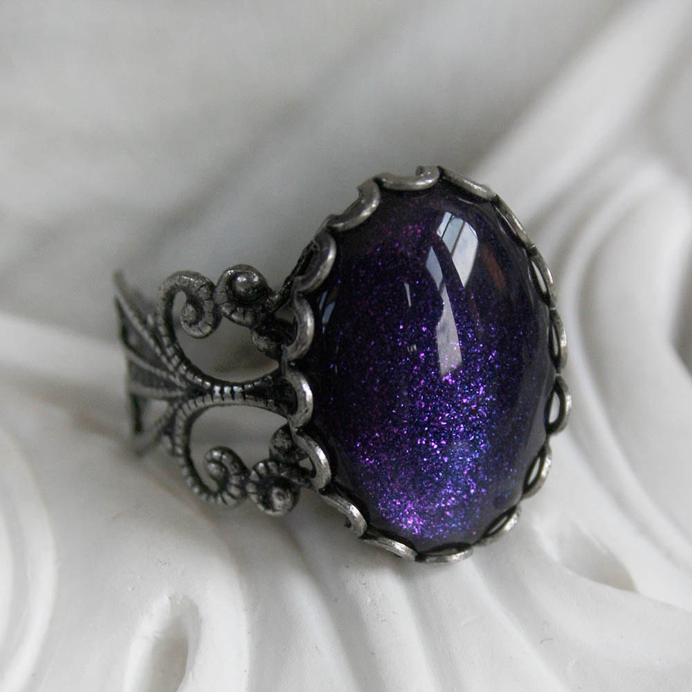 DREAMING IN INDIGO Victorian cocktail ring with aged silver and hand painted indigo glass, free gift boxing