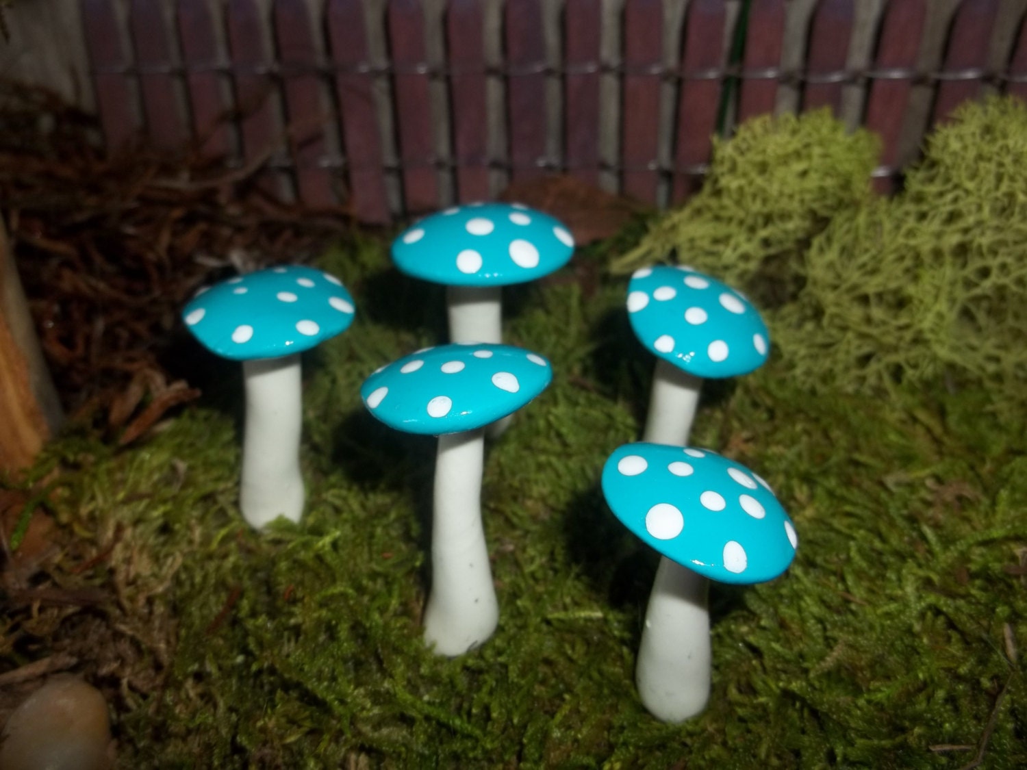 Free Shipping bright blue miniature set of 10 mushrooms mad hatter tea party garden party favors