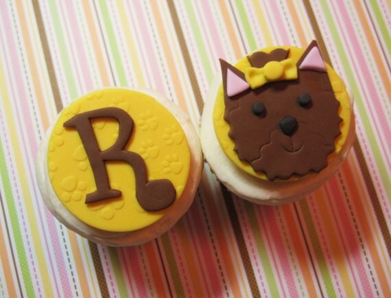 Doggie Birthday terrier Cupcake Toppers pink and brown Il_570xn