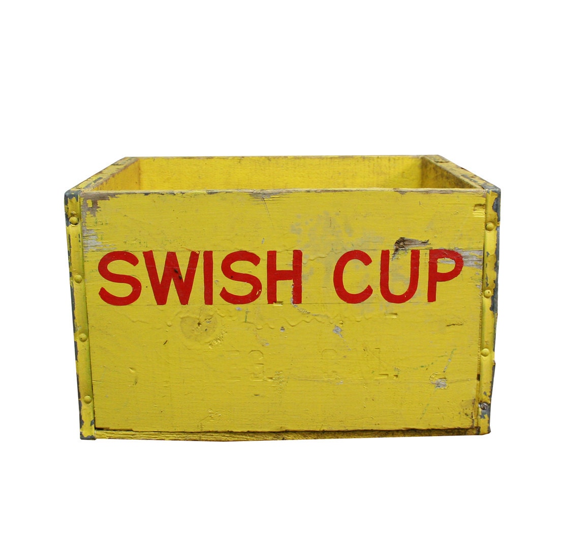 Vintage Industrial Yellow Wooden Crate -- Swish Cup Hardware Box