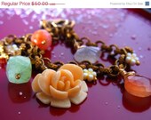 On Sale Charm Bracelet Vintage Cream Rose Cabochon  Raw Brass Jewelry Orange Chalcedoney Peridot