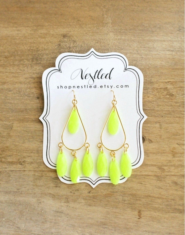 Neon Yellow Fluorescent Teardrop Chandelier Statement Earrings
