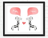 Giraffe Couple Printable Personalized Wall Decor Home Wall Art Red Gray Name Date Bridal Shower Gift DIY Digital Art Print Heart Love Art