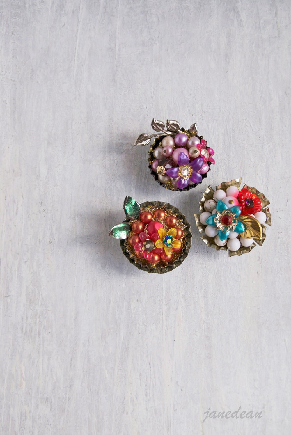 3 Bottlecap Cluster Fridge Magnets - recycled junk and jewelry