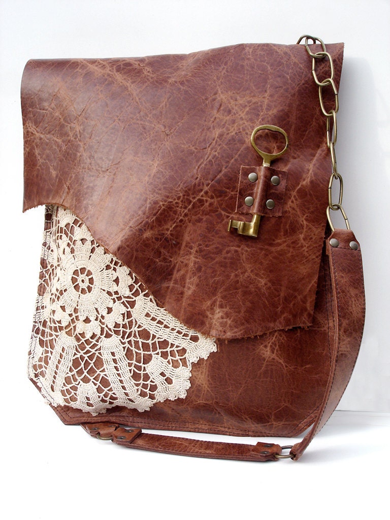 Boho Leather Messenger Bag with Crochet Lace & Antique Key - XL Deluxe - Little BOO-BOO Sale