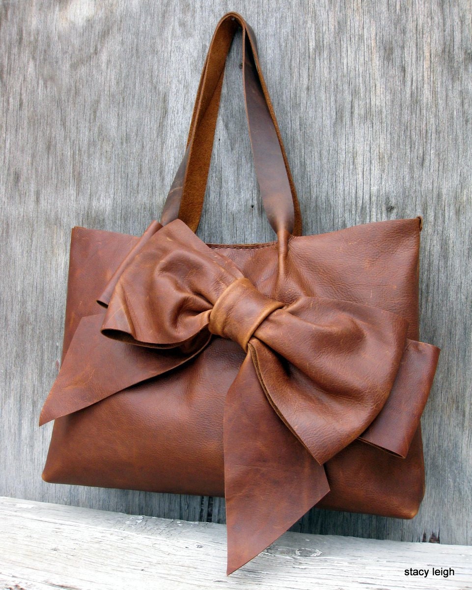 Bow Tote Bag in Distressed Brown Leather by Stacy Leigh RESERVED for Tesh