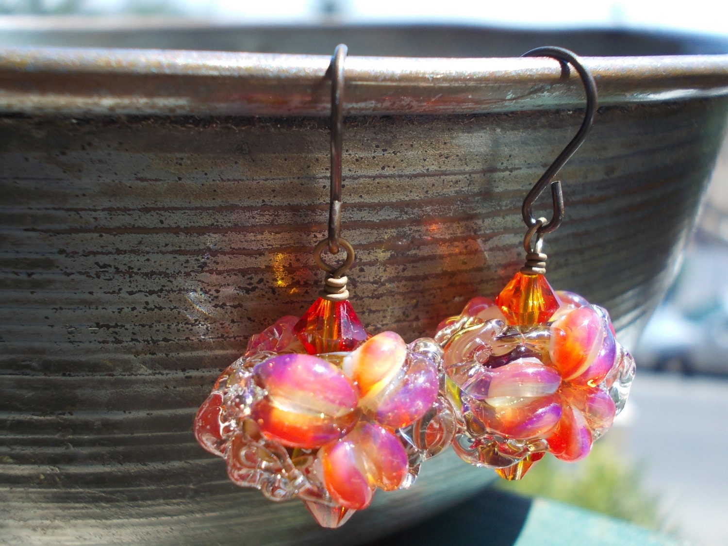 Glass Flower dangle earrings women, artist lampwork beads fuchsia red and purple blue water opal crystals oxidized solid brass floral