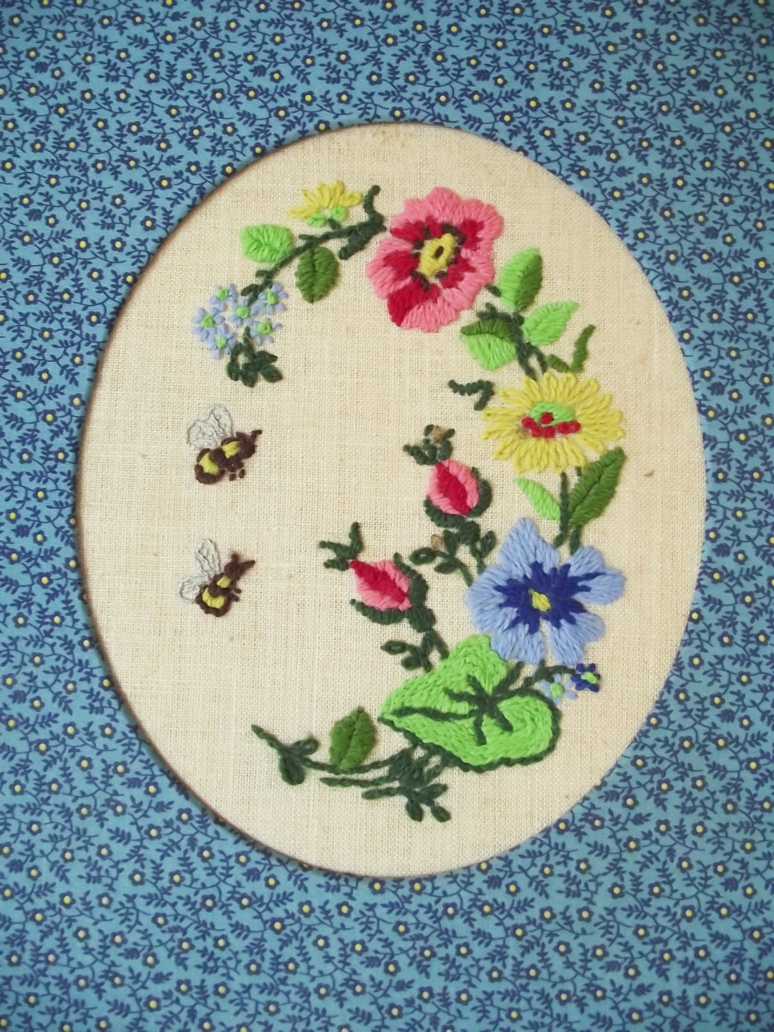 Vintage Crewel Embroidery Framed Bees and Flowers