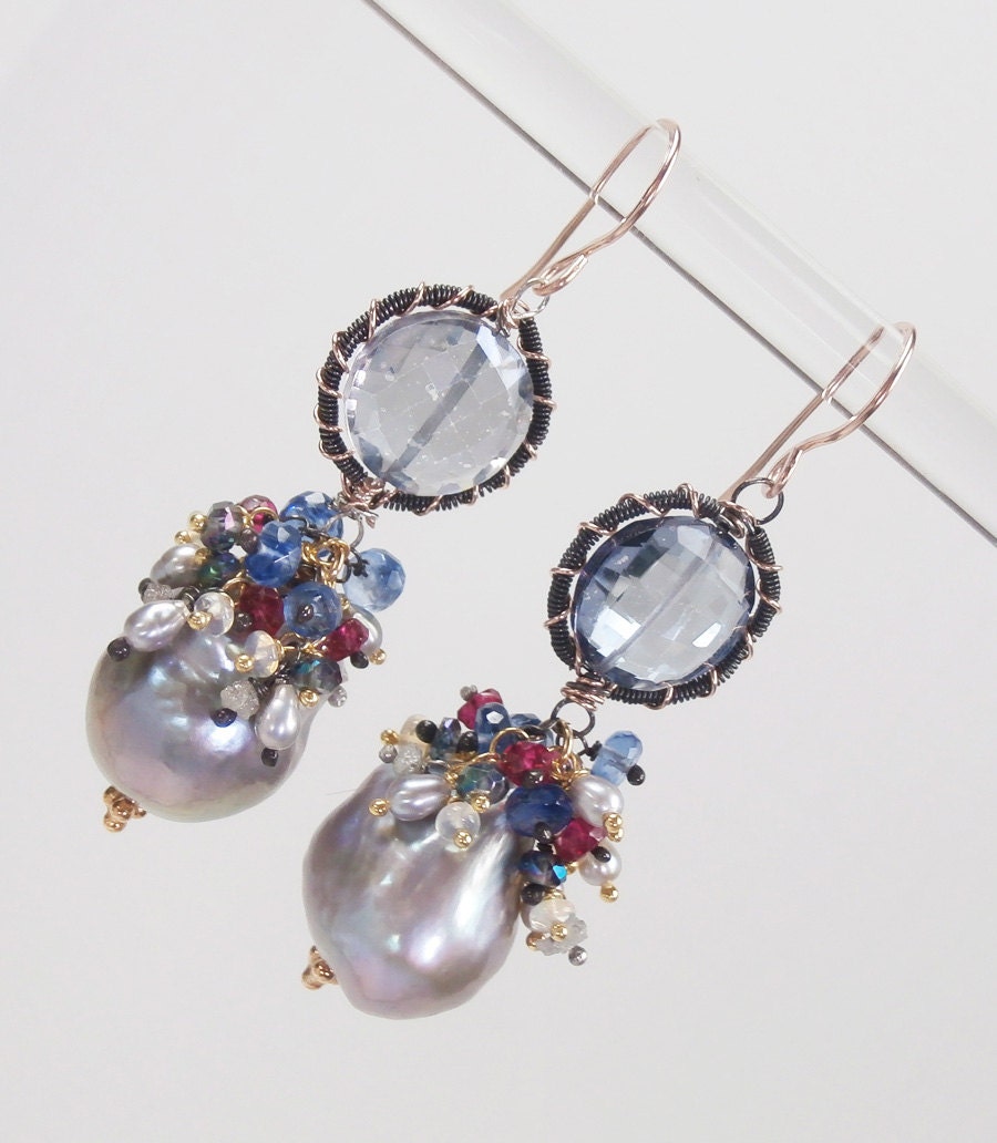 Silver Grey Large Baroque Pearl Earrings Oxidized Silver Wire Wrapped Rose Gold Opal Cluster Earrings  - Belle