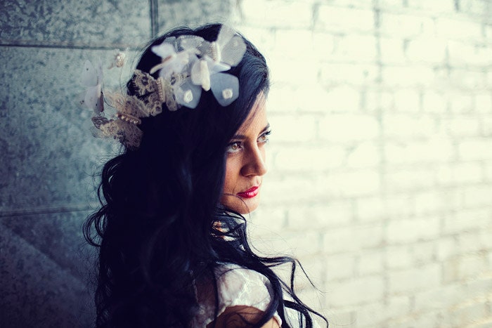 Butterfly Cluster bridal comb with lace and rhinestones