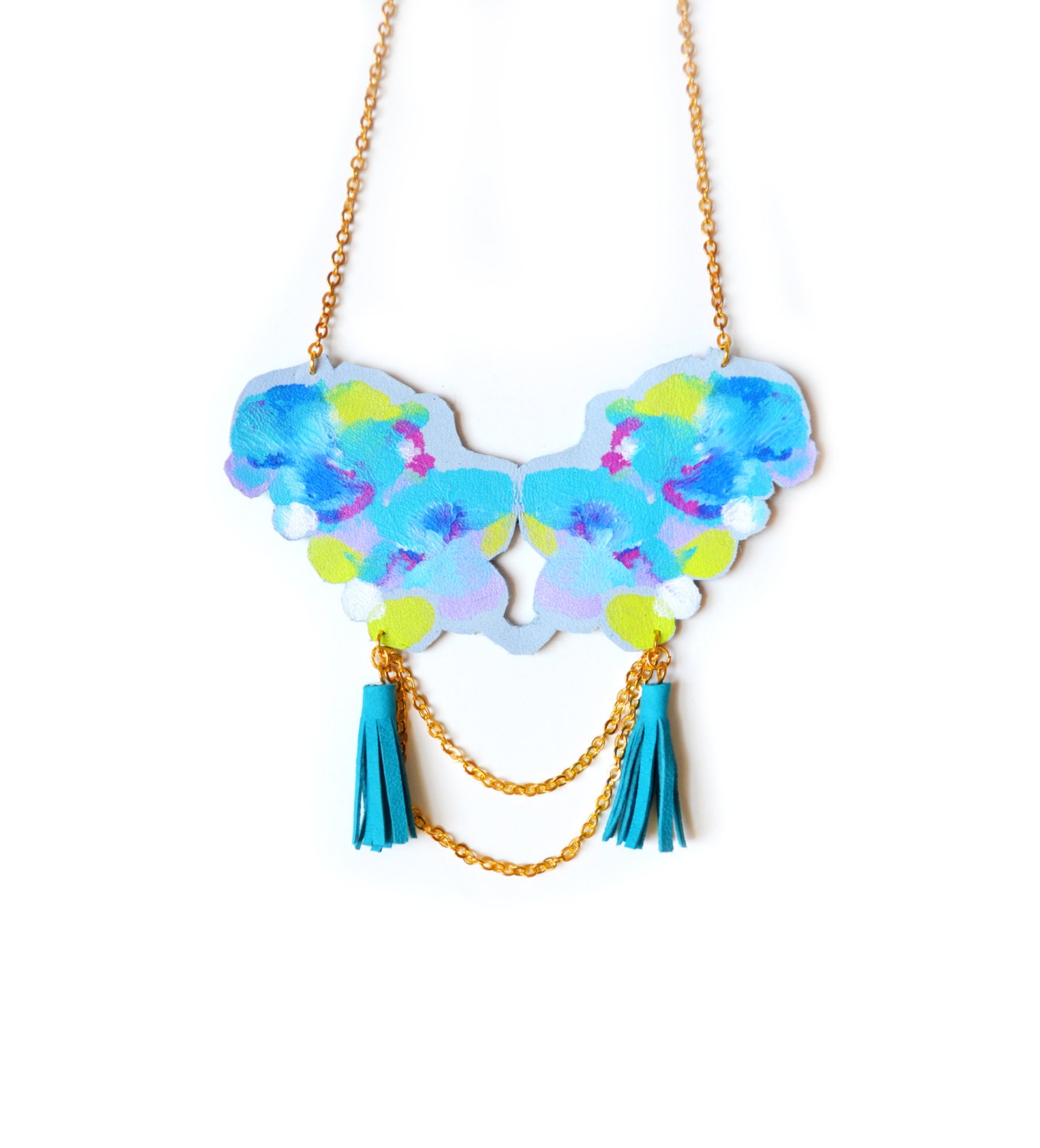 Leather Bib Necklace, Geometric Jewelry, Ink Blot Rorschach, Ombre Turquoise with Tassels