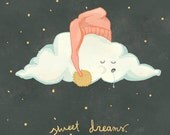 Sweet Dreams, cloud unisex nursery art, 8x10 print of original illustration