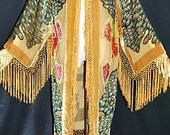 Flapper 20s style BOHO  Vintage burnout  velvet silk fringed floral bird deco kimono