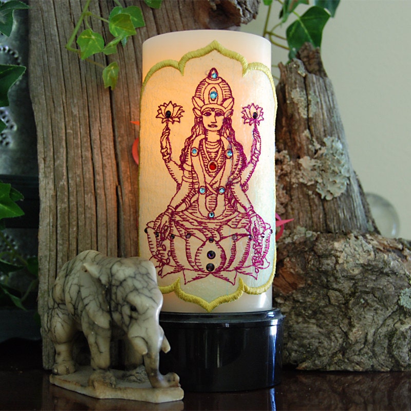 Lakshmi the Hindu Goddess, Embroidered and Embellished with Swarovski Crystals Candle Wrap.