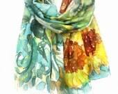 Sunflowers Scarf. Hand Painted Silk Shawl. Echarpe Foulard Soie. Emerald Green Scarf. Gift for Her. 18x71 in. (45x180 cm). Ready to Ship.