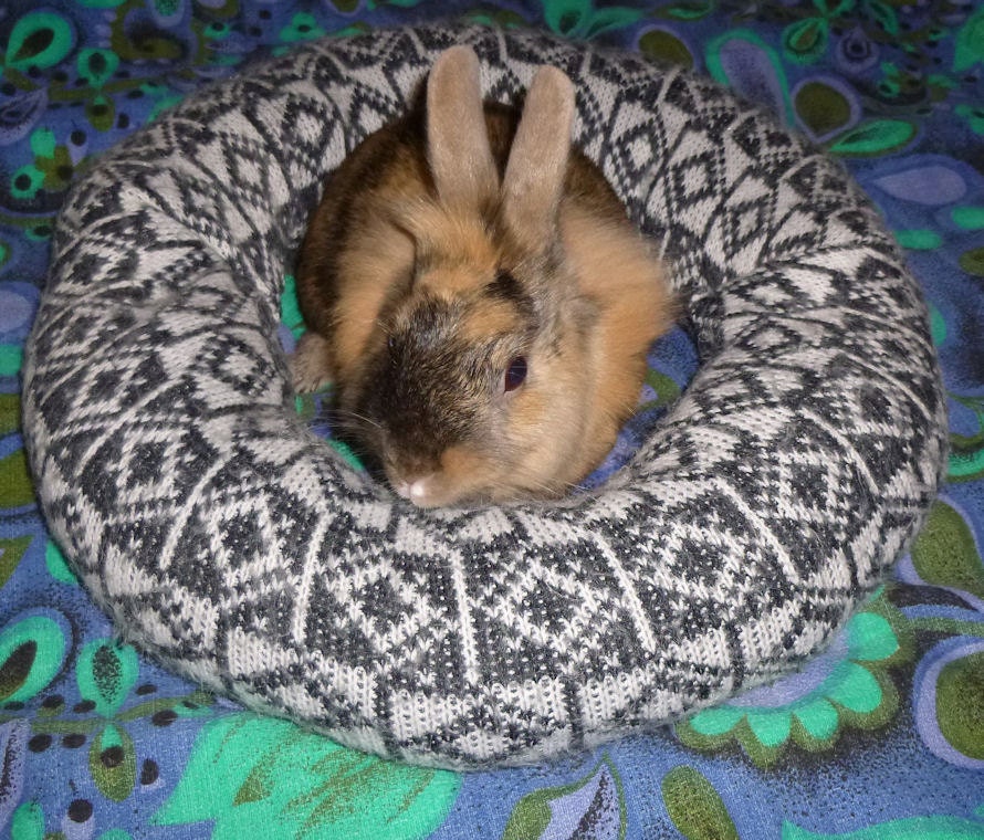 plump Ugli Donut rabbit bed for a small sized bunny hand knit grey wool with Mohair