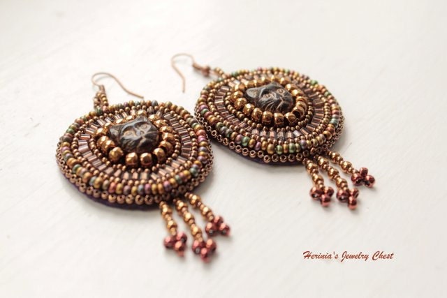 Bastet - Ancient Goddess, Bead Embroidered Earrings, Cat Earrings, Boho Earrings, Tribal Earrings, Brown Earrings, Dangle Beaded Earrings - Herinia