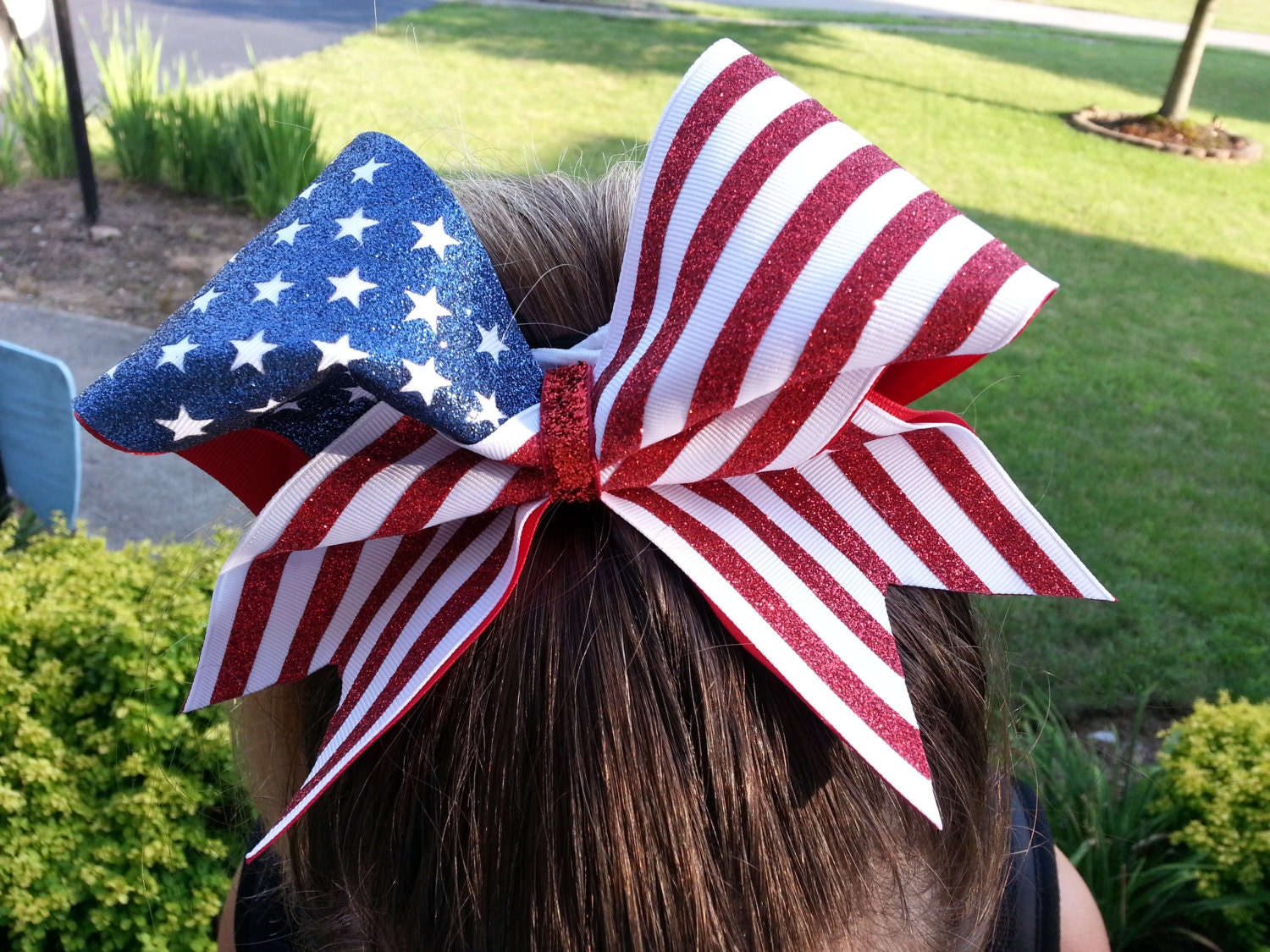 4TH Fourth of July 3" Texas Sized Cheer Hair Bow for Cheerleaders - All Glitter - Sparkly Independence Day Patriotic