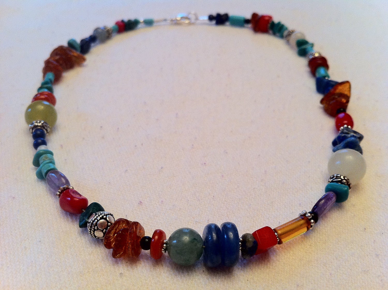 Amazing, colorful, necklace. Many semi precious stones and sterling silver