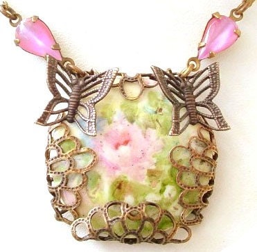 Brass Porcelain Necklace - Hand Painted