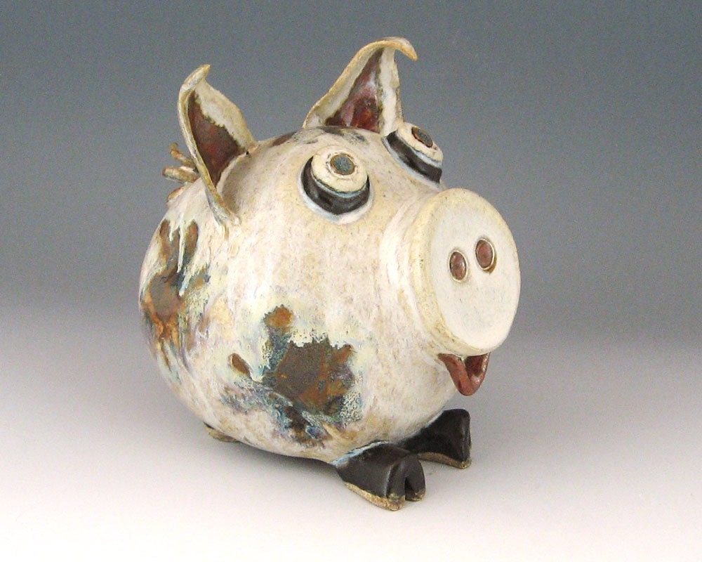 Ceramic Piggy Bank - Creamy White with multi-color Spots