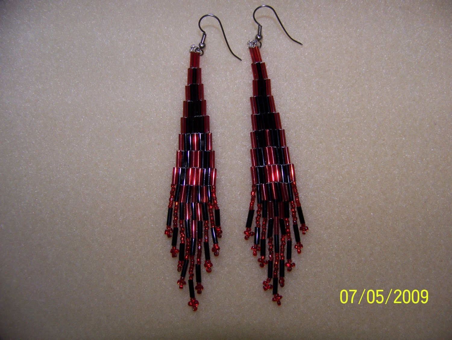 Black and Red bugle and seed bead earrings