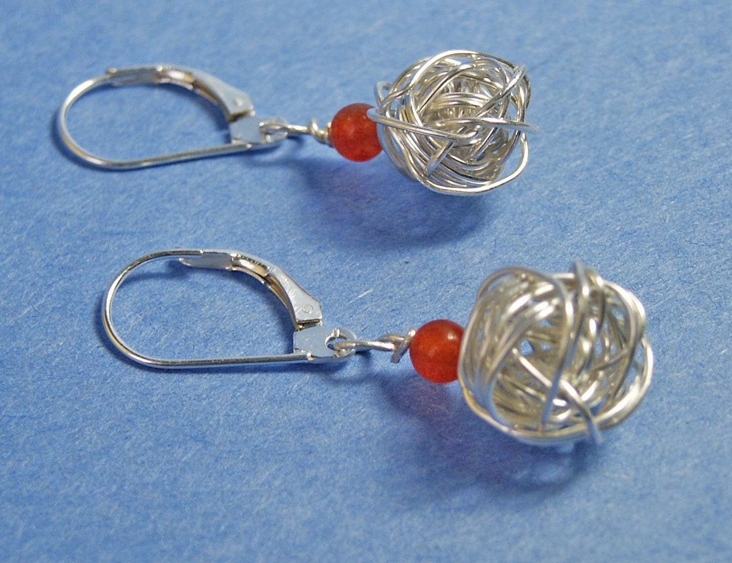 Sterling Yarn Ball Earrings - Carnelian Bead