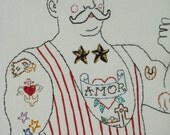 Hand embroidered  art canvas  Unique design The tattooed man