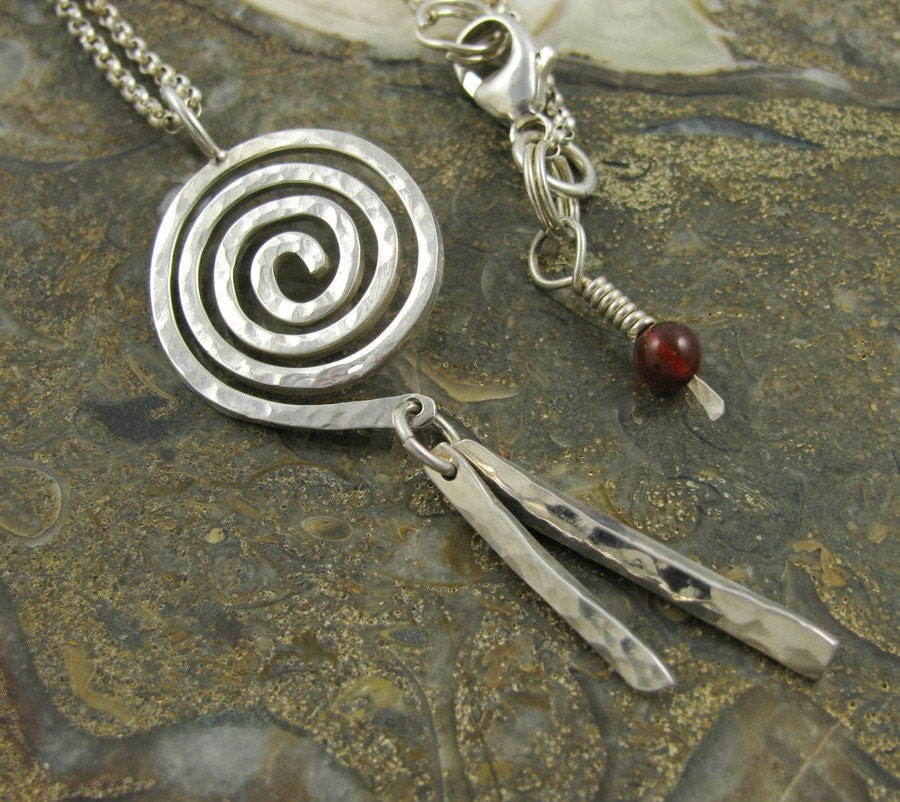 Spiral two Drop - Sterling Silver  Necklace with gemstone bead