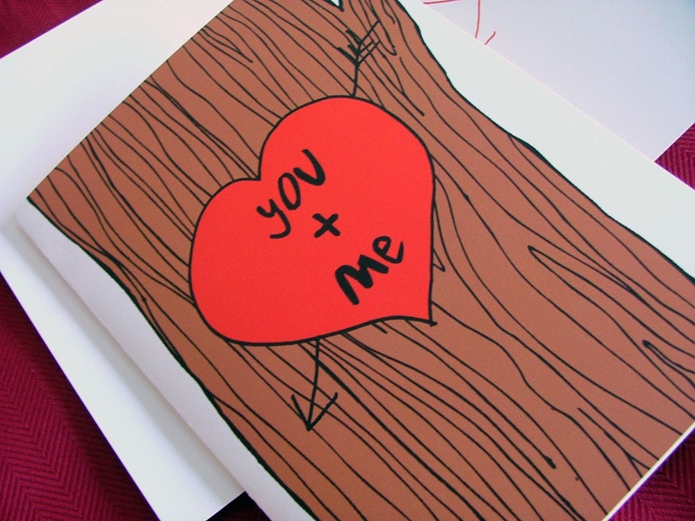 you plus me tree carving valentine's card . eco-friendly