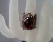 Ancienta Brass Filigree Ring with Ruby Rose  Glass Faceted Stone