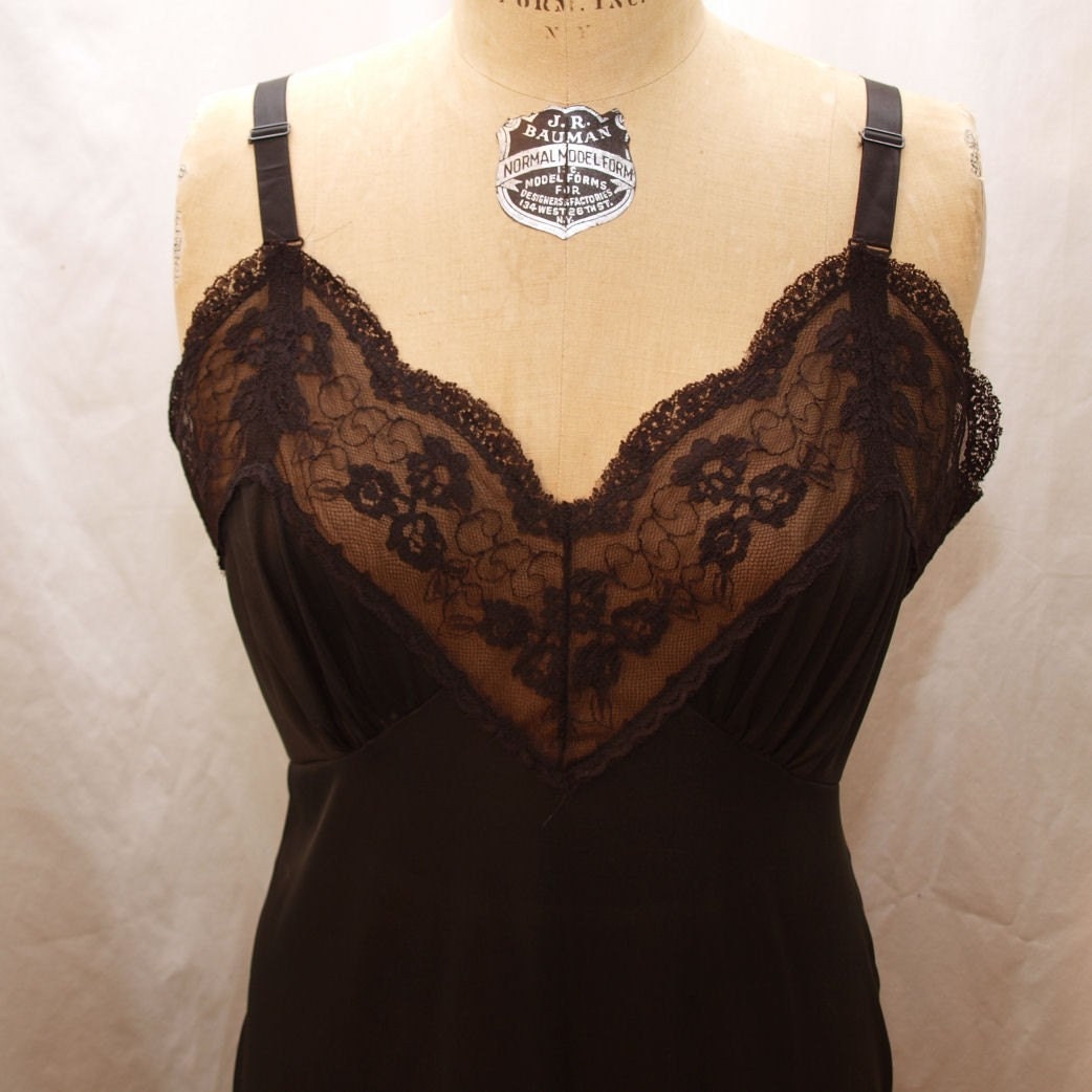 vintage full slip - black semi-sheer moviestar brand slip with beautiful details size 36