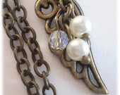Brass Angel Wing Necklace with Crystal and Pearls