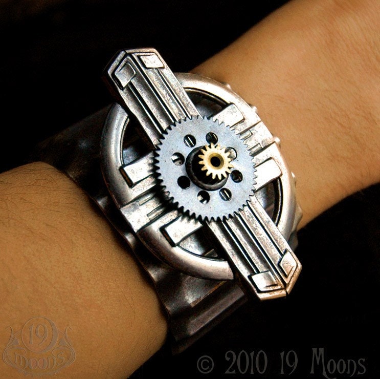 METREON Steampunk Bracelet Cuff Original Design by 19 Moons - Vintage Sterling Silver Clockwork Gear - - - Mens Womens Unisex STUNNING ART NOUVEAU STEAM