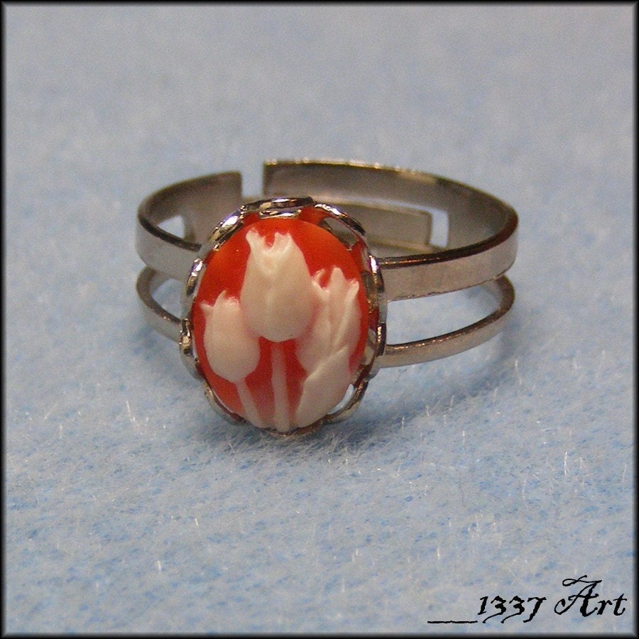 Cameo Ring, Silver Adjustable with Cream and Orange Flowers