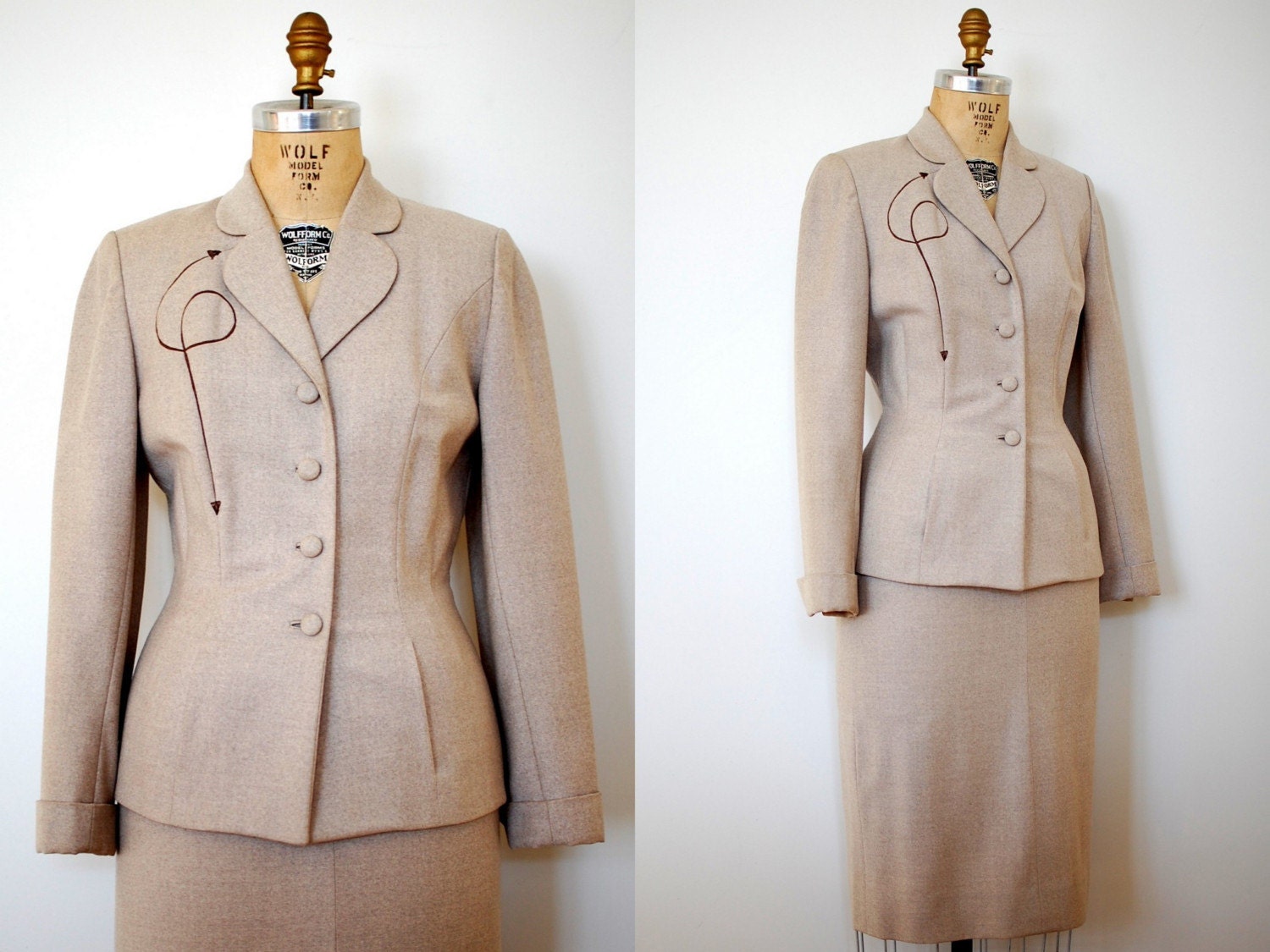 1940s suit / 40s wool skirt suit / Camel Wool with Arrows