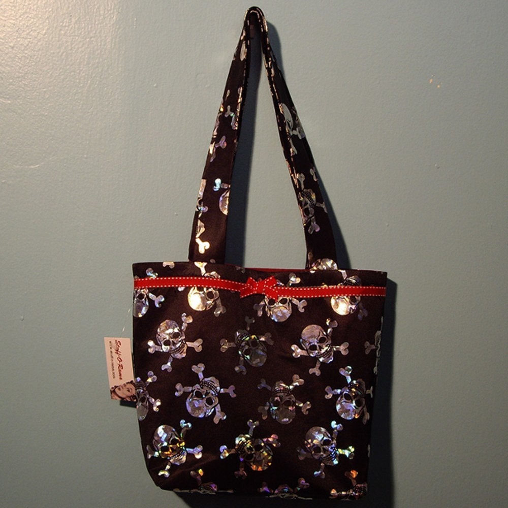 SMALL TOTE BAG Metallic Silver Black Skulls Crossbones Print Purse Handbag
