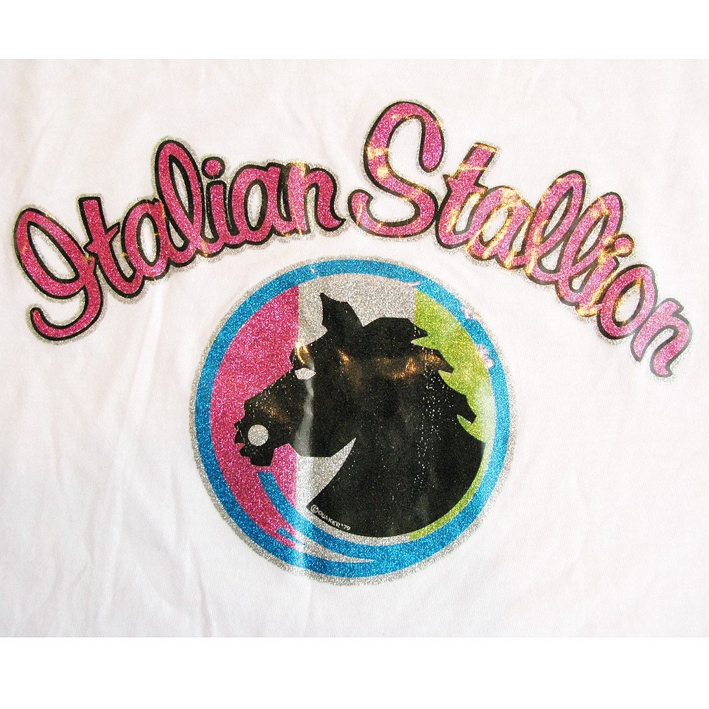 Vintage 1974 Italian Stallion Glitter Iron On Transfer Tee (Mens Small)