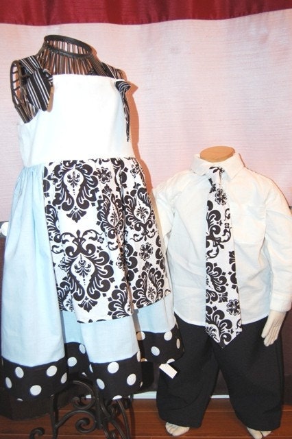 TWO pieces Easter sibling set Cinderella Blue Black White Damask Knot top dress Matching Apron Knotty Tie Pictures Boys Girls