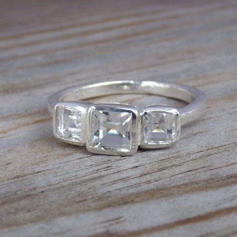 Fit For  A Princess 3 Stone Square Ring, White Topaz and Argentium Silver