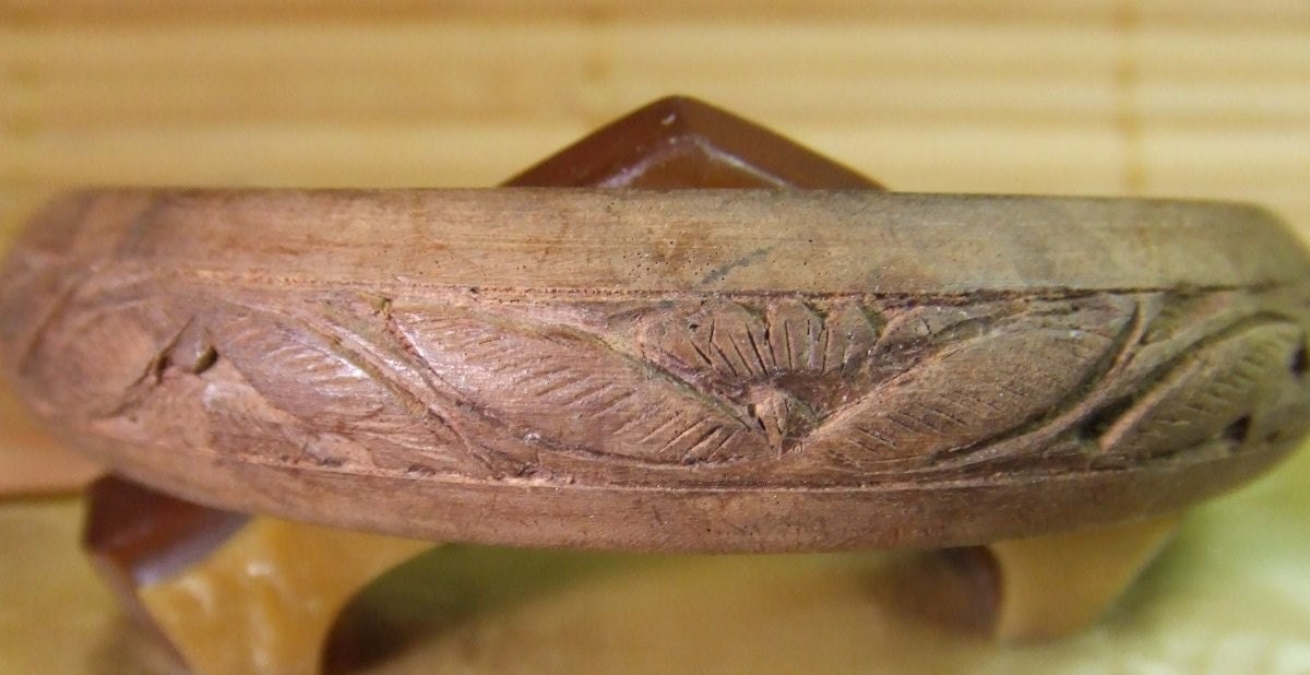 Carved Wood Bangle Bracelet with Delicate Lotus Design 1970s
