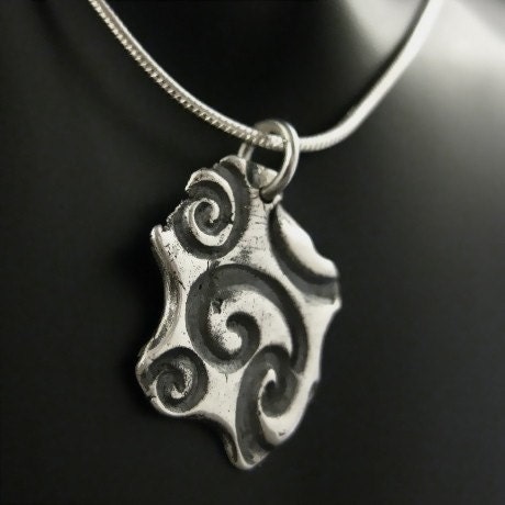 Organic Ocean Wave Natural Swirl Fine Silver Stamped Pendant Sterling Silver Snake Chain