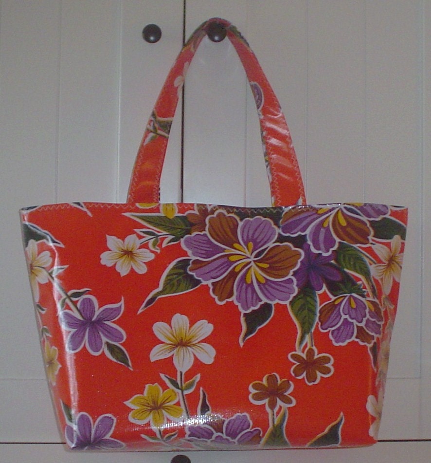 Beth's Orange Tropical Hibiscus Large Oilcloth Market Tote Bag