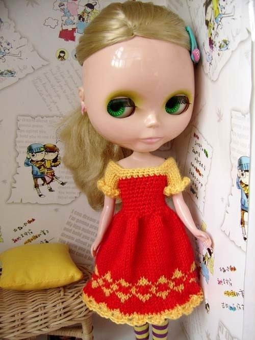 Handknitted Blythe dress yellow and red