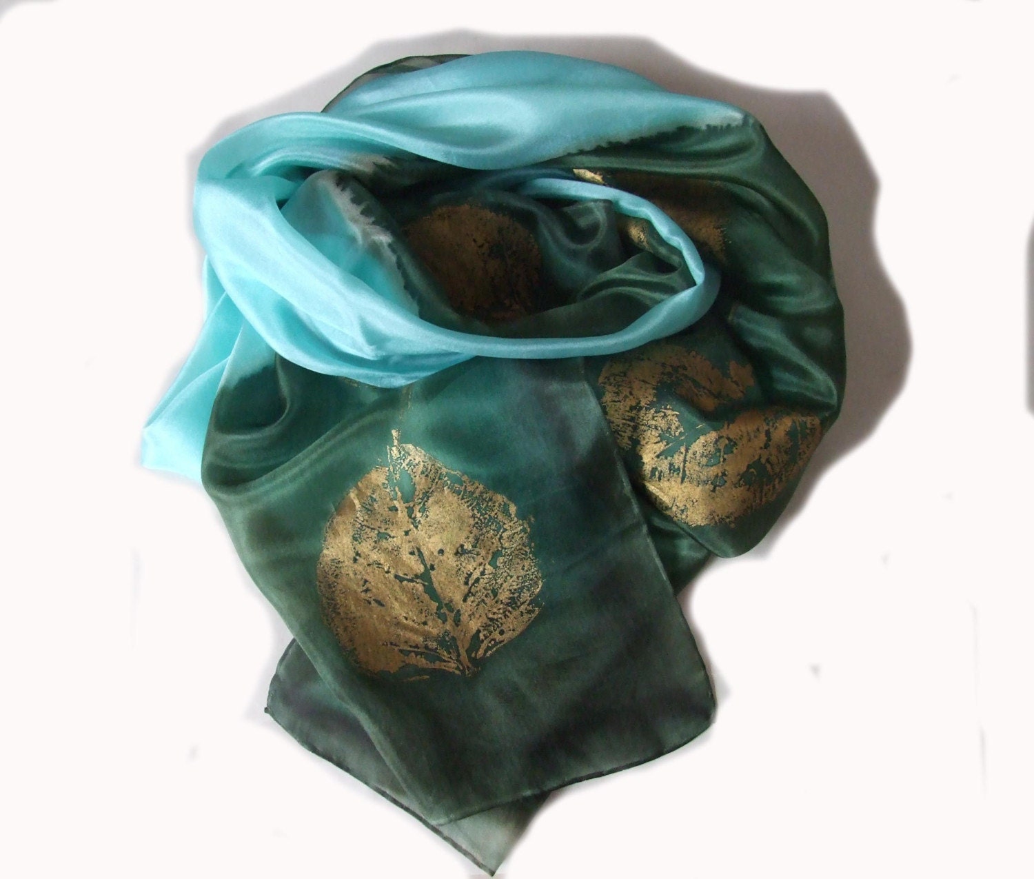 hand painted silk scarf in green and aqua with golden leaf