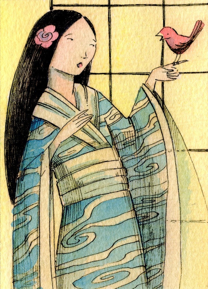 Limited Edition Hand Painted ACEO -- Speaking with a Bird Friend