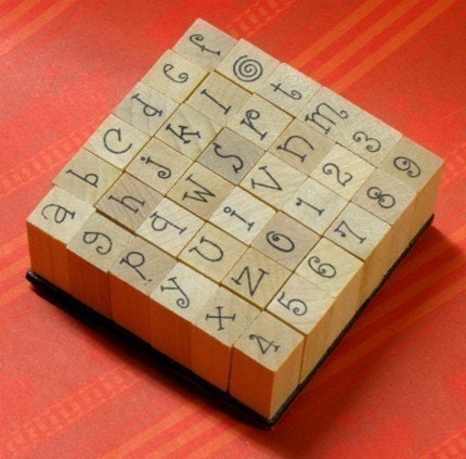 ALPHABET NUMBERS wood mounted rubber STAMP SET 36 pcs